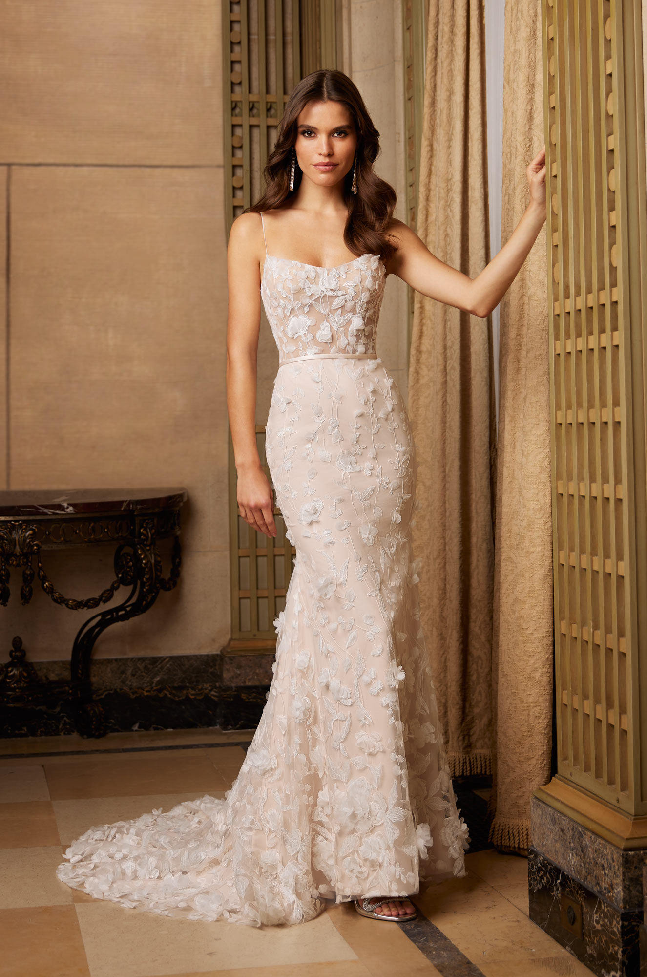 slim fit dress slacks Davinci Bridal 50631 Crepe Sheer lace Wedding Dress V Neck Train Fit &  Flare Gown main image 0