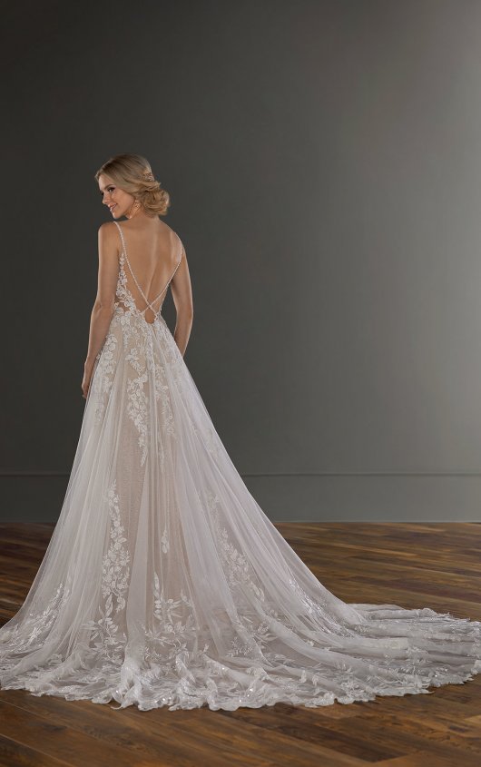 wedding dress with lace train Rachel Allan RB5081 Long Glitter Detachable Train Wedding Dress