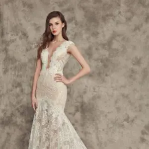 Calle Blanche Chloe 16245 Wedding Dress Sample Sale - Vintage Romantic Fit and Flare Bridal Gown with Natural Waist, V-Neck, and Cap Sleeves with Low Back Detail in Tulle Fabric. Cover