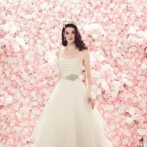 Paloma Blanca 1865 Wedding Dress - Ballgown style dress with strapless ruched taffeta bodice with full layered organza skirt and belt detail.