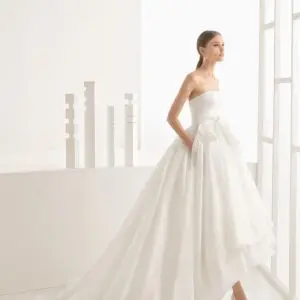 Rosa Clara Collection Nevin Wedding Dress - Ball gown with strapless neckline, cotton satin bodice, full silk organza skirt, petticoat and bow detail.
