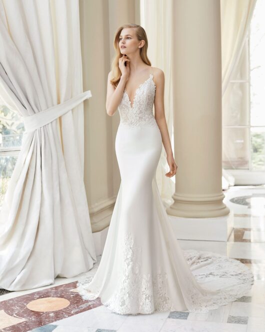 Rosa Clara Couture Maiz Wedding Dress Sample Sale - Georgette crepe sheath dress features a spectacular deep-plunge neckline and spaghetti shoulder straps.