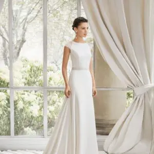 Rosa Clara Couture Minia Wedding Dress Sample Sale - Elegant sheath-style dress with Cap sleeves, beautiful Illusion lace back and Belt Detail.