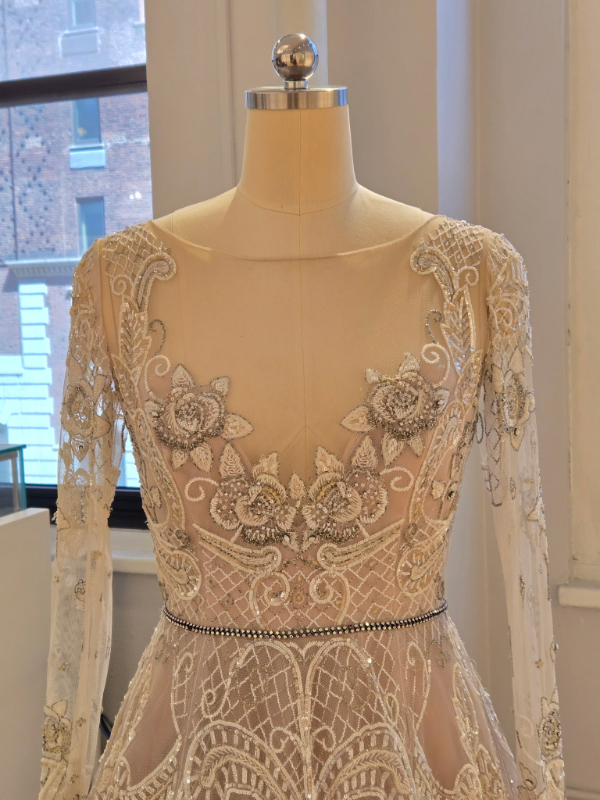 Hayley Paige Hayley 6600 Wedding Dress Sample Sale - Vintage Princess Bridal Gown with High Neck, Embroidery and Floral Details and Natural Waistline CloseUp