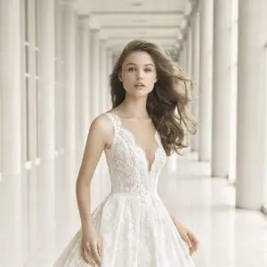 Rosa Clara Couture Perfecto Wedding Dress Sample Sale - Ballgown with beaded French lace, bodice features V-scalloped neckline and low back.