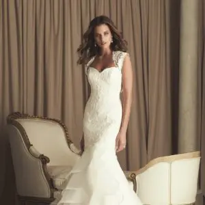 Paloma Blanca 4455 Wedding Dress Sample Sale - Fit and flare style dress with strapless sweetheart neckline in lace tunic bodice. Side tiered ruffle organza skirt.