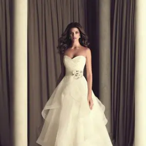 Paloma Blanca 4465 Wedding Dress Sample Sale - Ballgown style dress with strapless cross-over pleated taffeta bodice, removable Italian Taffeta belt and ruffle skirt.