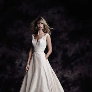 Paloma Blanca 4613 Wedding Dress Sample Sale - A Line plunging lace bodice, beaded belt with Dupioni skirt with flat front, pleated back, low open back and side pockets. - French Alençon Lace/Silk Dupioni