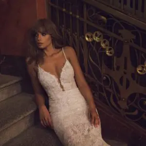 Birenzweig BRC7-24 Wedding Dress - Fit and flare dress featuring thin straps, a beautifully intricate beaded lace, deep V-neckline and low back.