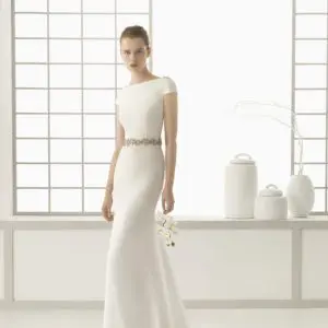 Rosa Clara Couture Denise Wedding Dress - Fit to flare crepe georgette dress with cap-sleeves, bateau neckline and bead-work belt detail.