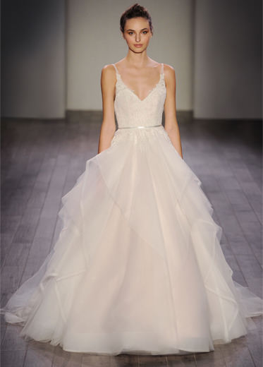 Alvina Valenta 9605 Wedding Dress Sample Sale - Ballgown style dress with a stunning sheer “V” neckline, low ballerina scoop back and satin ribbon.