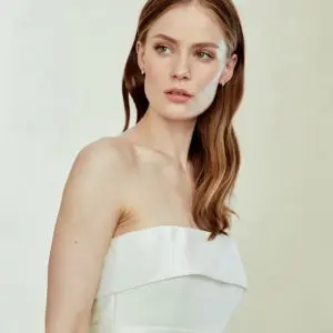 Amsale Aberra Rachel Wedding Dress Sample Sale - Silk faille strapless fit to flare dress with open back and draped taffeta bow detailing.