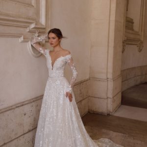 Birenzweig BRC8-01 Wedding Dress - A line off the shoulder dress with all over lace. Illusion and lace embroidered long sleeves complete the look.