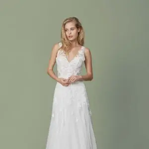 Christos Paisley T388 Wedding Dress Sample Sale - Fit and flare tulle V neckline bridal gown with floral crystal detailing and a sheer back.
