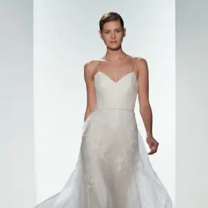 Christos Effie T357 Wedding Dress Sample Sale - Fit to flare gown layered with point d'espirit and soft tulle. Light corded lace hand appliquéd on bodice and skirt.