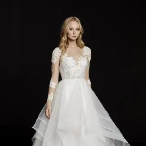 Hayley Paige Elysia 6556 Wedding Dress Sample Sale - Vintage Princess Bridal Gown with V-Neck, Long Sleeves, Embellished Illusion Detail and Natural Waist Cover