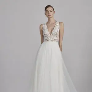Pronovias Espiga Wedding Dress Sample Sale - A Line two-piece effect dress with flowing skirt, fitted bodice, v-neckline, open back and floral guipure appliqués.
