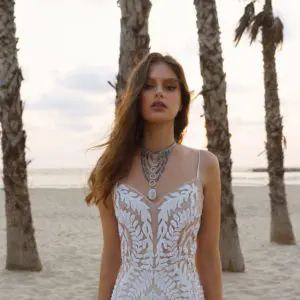 Beach Boho Fit and Flare Bridal Gown with Natural Waist, V-Neck, Spaghetti Straps, Bling, Low Back Embellised Illusion Details and Beaded Tulle Fabric.