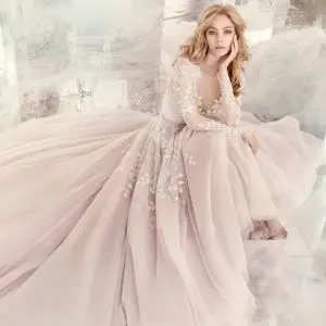 Hayley Paige Hayley 6600 Wedding Dress Sample Sale - A line dress with stunning tulle skirt and illusion bateau neckline and V-neck at front,full intricate back, floral embroidery and long sleeves. Tulle skirt with cathedral train.