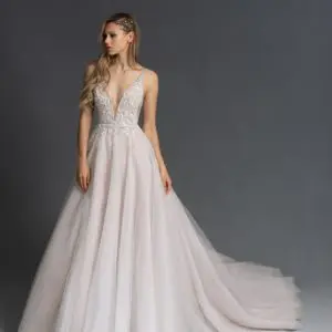 Hayley Paige Lauren 6950 Wedding Dress Sample Sale - A Line dress with low scoop back and rhinestone trim, full skirt with layered starlight sparkle tulle.