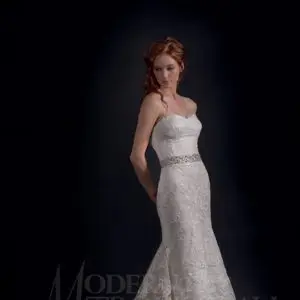 Modern Trousseau Sailor Wedding Dress Sample Sale - Fit to flare in embroidered Italian tulle. Strapless Neckline w/ corseted bodice & a chapel train.