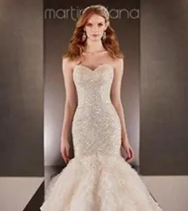 Martina Liana 579 Wedding Dress Sample Sale - Mermaid dress featuring beaded lace bodice, sweetheart neckline, and ruffle layers of tulle on skirt.
