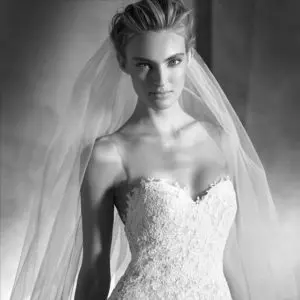 Pronovias Atelier Isabella Wedding Dress Sample Sale - Elegant lace ballgown style dress with floral details throughout the bodice, and sweetheart neckline.