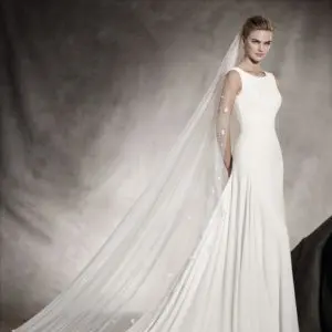 Pronovias Amaya Wedding Dress Sample Sale - Simple & sexy sleeveless A Line crepe dress with a high crew neckline, fitted bodice and long train.