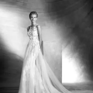 Pronovias Atelier Vintage Wedding Dress Sample Sale - A Line style with sheer illusion tulle bodice, crew neck, gemstone embroidery front and open back.