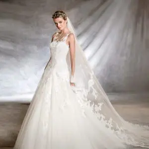 Pronovias Olwen Wedding Dress Sample Sale - A Line style dress with sweetheart neckline, illusion high neckline, open tattoo effect back and elegant skirt.