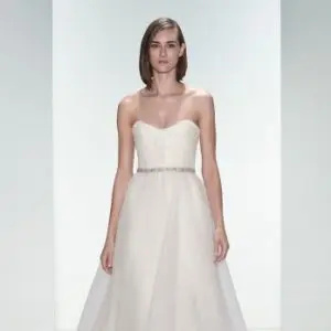 Amsale Aberra Piper Wedding Dress Sample Sale - A-line with a hand beaded belt, sweetheart neckline, full skirt and classic sweep train.