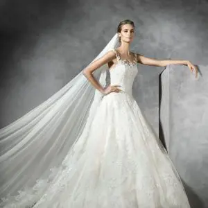 Pronovias Presen Wedding Dress Sample Sale - A Line dress with chantilly lace appliqués, thread embroidery in tulle, illusion squared neckline and open back.