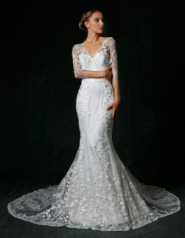 sample sale wedding dresses featuring delicate lace adorned spaghetti straps Virtual Sample Sale Shop