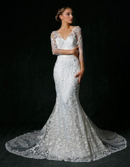 Sareh Nouri Vienna Wedding Dress Sample Sale - Soft lace trumpet dress with 3/4 sleeves, sweetheart illusion neckline, open back, and cathedral-length train.
