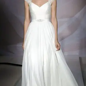 Suzanne Neville Cherish Wedding Dress Sample Sale - A line gown style dress with hand beaded lace straps, v neckline, belt detail and a slick keyhole back.