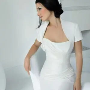 Suzanne Neville Enchanting Wedding Dress Sample Sale - A-line ruched taffeta dress with draped bodice, sweetheart neckline and delicate rose on bust.