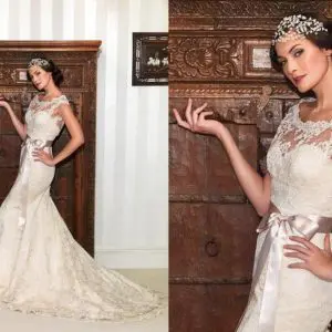 Suzanne Neville Hepburn Wedding Dress Sample Sale - Trumpet sweetheart neckline dress with all over corded lace and ribbon sash at waist.