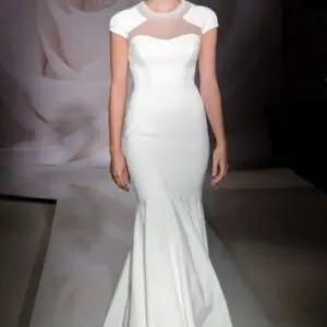 Suzanne Neville Memoire Wedding Dress Sample Sale - Fit and flare dress with cap sleeves, sweetheart neckline, illusion high neckline and beaded details.