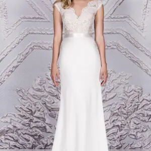 Suzanne Neville Portrait Wedding Dress - Sheath Italian matte crepe dress with a scalloped lace bodice, V-Neckline, Illusion open V-back and belt detail.