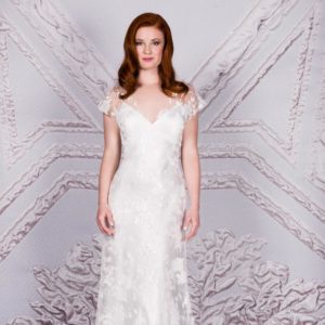 Suzanne Neville Cavallino Wedding Dress Sample Sale - A line, cap sleeves dress with sheer back, floral details and gorgeous V Neckline.