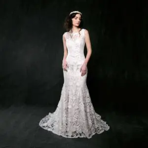 Sareh Nouri Jonquil Wedding Dress Sample Sale - Soft mermaid dress with embroidered lace, a nude underlay, soft illusion, low back, and a catherdral V-point train.