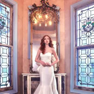 Sareh Nouri Paulina Wedding Dress - Trumpet Shantung dress with a sweetheart neckline and Alencon lace bodice with a detachable bow.
