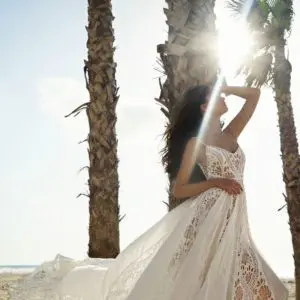 Rish Sierra Wedding Dress Sample Sale - Boho Beach A-Line Bridal Gown with Natural Waist, V-Neck, Spaghetti Straps, Beaded Details and, Lace, Chiffon Fabric