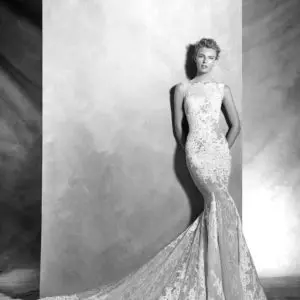 Pronovias Atelier Verna Wedding Dress Sample Sale - Fit and flare style dress with fitted lace bodice, bateau neckline, scalloped edges and long train.