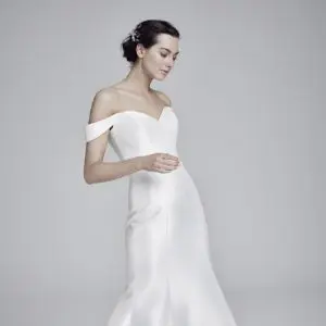 Suzanne Neville Alaia Wedding Dress - Timeless Classic Fit and Flare Bridal Gown with Princess Seams, Sweetheart Neckline, Off the Shoulder, Corset Detail in Mikado Fabric