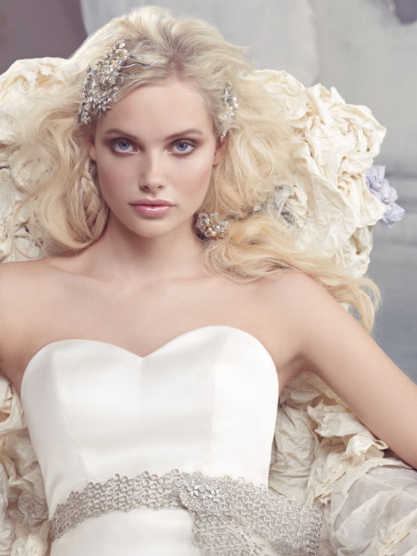 Ivory a-line Alvina Valenta wedding dress with on-trend sheer illusion  straps and lace applique