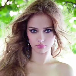 Alvina Valenta 9353 Wedding Dress Sample Sale - Fit and flare style dress with ivory lace and silk satin and a jeweled flower at the front neckline.