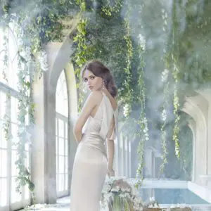 Alvina Valenta 9367 Wedding Dress Sample Sale - Fit and flare with a charmeuse beaded illusion V neckline at front and back and jeweled appliqué detail.