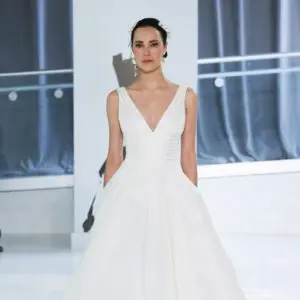 Peter Langner Eva Wedding Dress - Silk organza ballgown with deep V-neckline and silk soutage ribbon detail on the bodice.