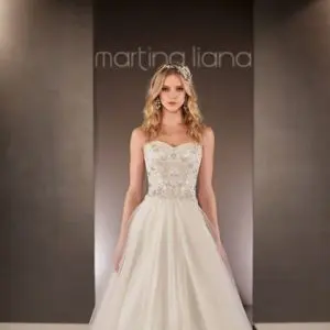 Martina Liana 575 Wedding Dress Sample Sale - A Line dress in tulle and satin featuring a sweetheart neckline, diamante crystal-adorned bodice tulle skirt.